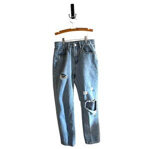 Shein Distressed Light Wash High-Waisted Straight-Leg Denim Jeans Womens Casual
